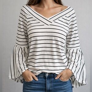 Gibson and Latimer Bell-Sleeved Blouse. Tops for Women. Black and White Strip